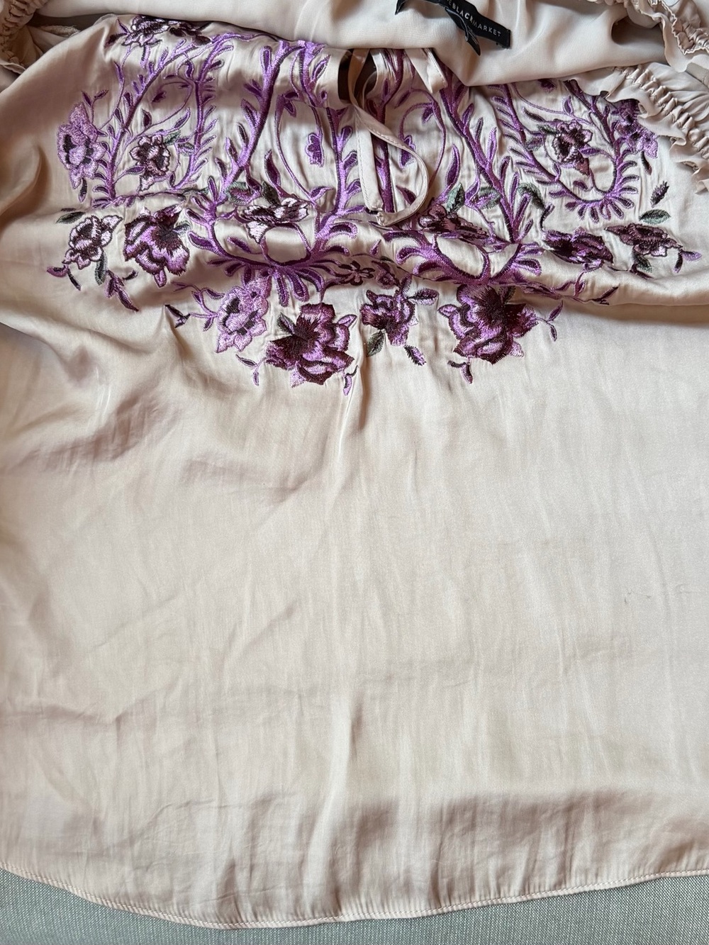 White House Black Market Beige Peasant Blouse with Purple Floral Embroidery - Picture 7 of 7